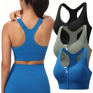 Zip Front Sports Bras for Women Adjustable Racerback Medium Support Bras Padded Post-Surgery Bras Seamless Yoga Athletic Bra, M 