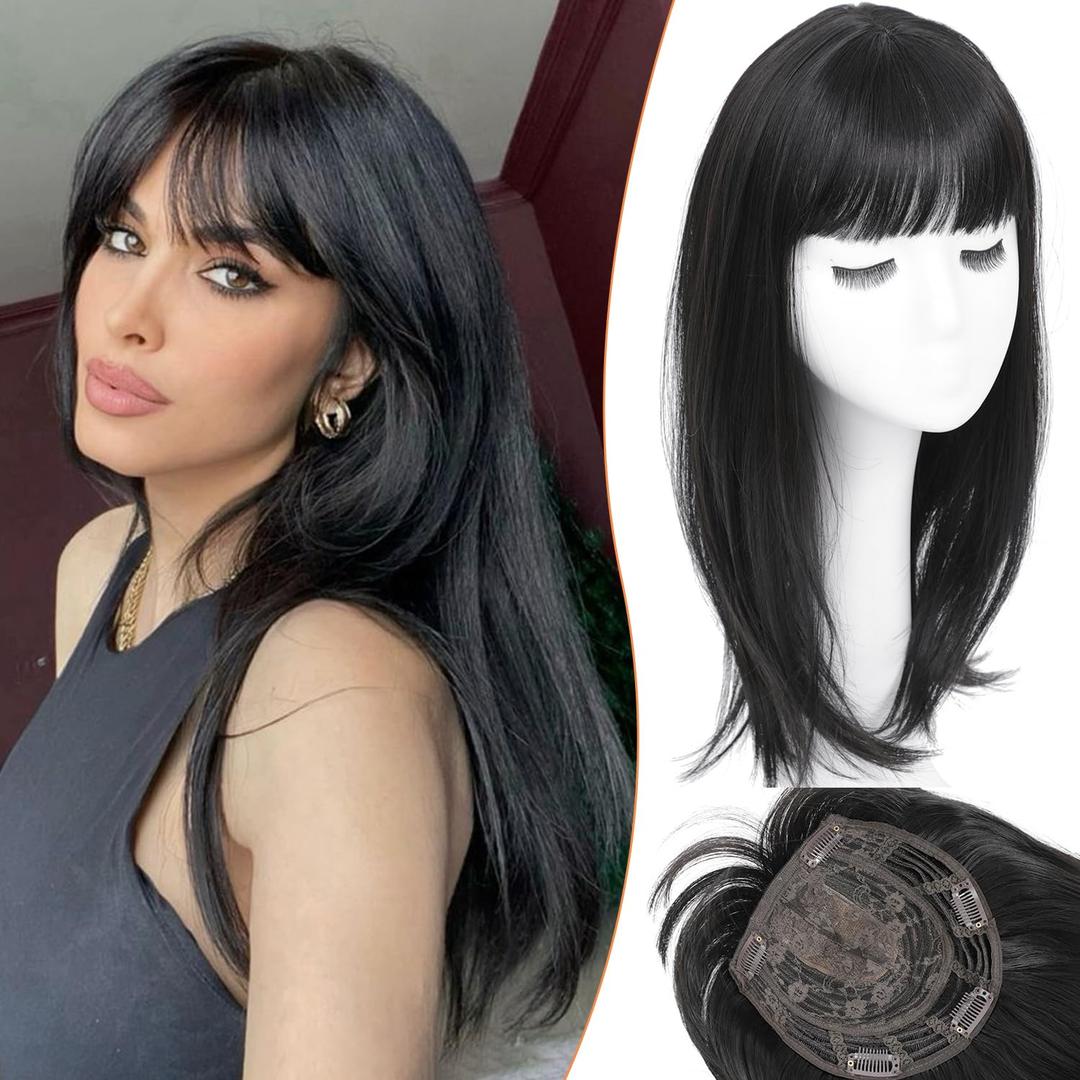 PANEWAY Hair Topper With Bangs 18inch Straight Hair Toppers For Women With Thinning Hair 360 3d Realistic Toppers Long Layered Hair Pieces For Women-1b