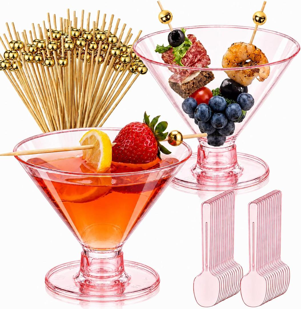 Sawysine 50 Set 5 oz Disposable Plastic Martini Glasses and Cocktail Picks Spoons Clear Mini Cocktail Glasses for Family Dinner, Tavern, Party, Weddings, Wine, Ice Cream and Other Food(Pink)