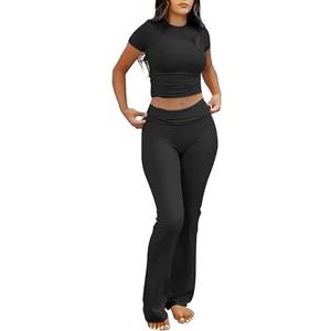 ANRABESS Lounge Sets for Women 2 Piece Foldover Yoga Flare Leggings Pants Crop Tops Casual Y2K Outfits Matching Tracksuit Set, XXL, Black