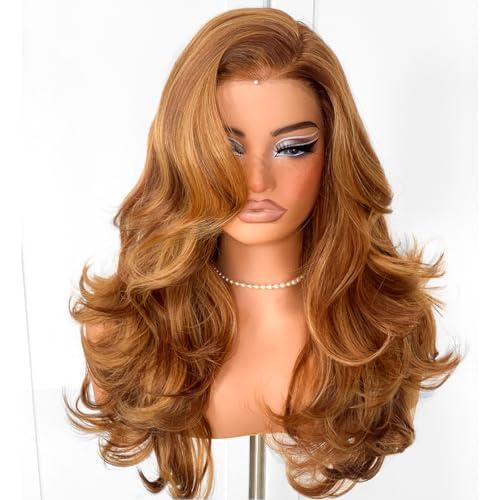 MITIMES Honey Blonde Voluminous Feather Layered Hair Flip Out Preplucked Pre Plucked Pre Cut Ready-to-Go Glueless 13x6 HD Synthetic Lace Front Wig Honey Blonde Wig