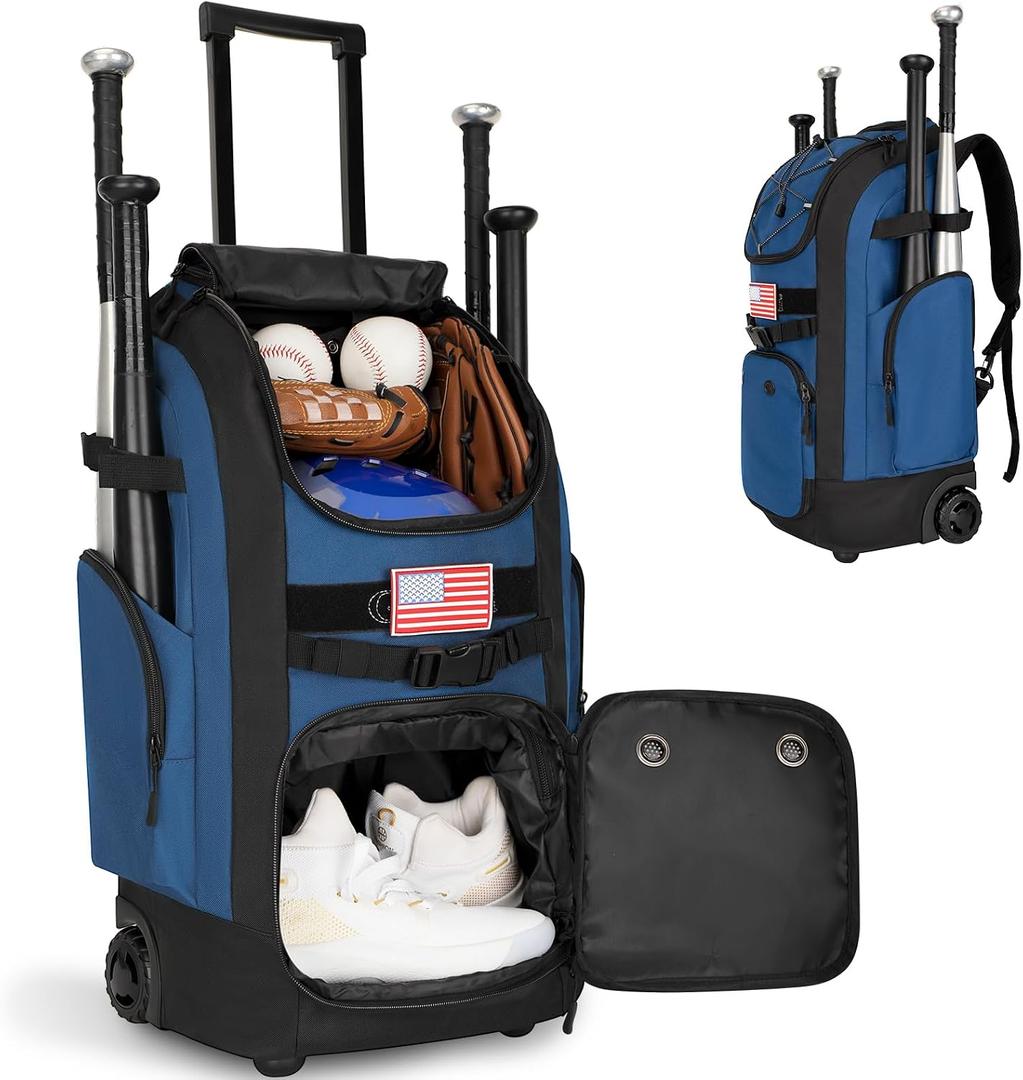 Rolling Baseball Bag with Wheels, 60L Capacity Wheeled Softball bag with Shoe Compartment for Youth & Adult, Bat bag with Hidden Straps,Fence Hook,Holds 4 Bat, Helmet, Glove