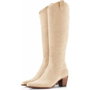 Women Cowboy Knee High Boots Chunky Block Heel Square Toe Tall Riding Boots (9.5, Beige)