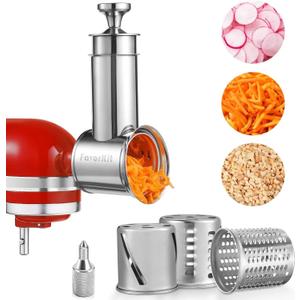 Large Stainless Steel Slicer Shredder Attachment for KitchenAid Mixers, Dishwasher Safe Salad Maker, Cheese Grater Accessories with 3 Blades & 1 Knob Thumb Screw
