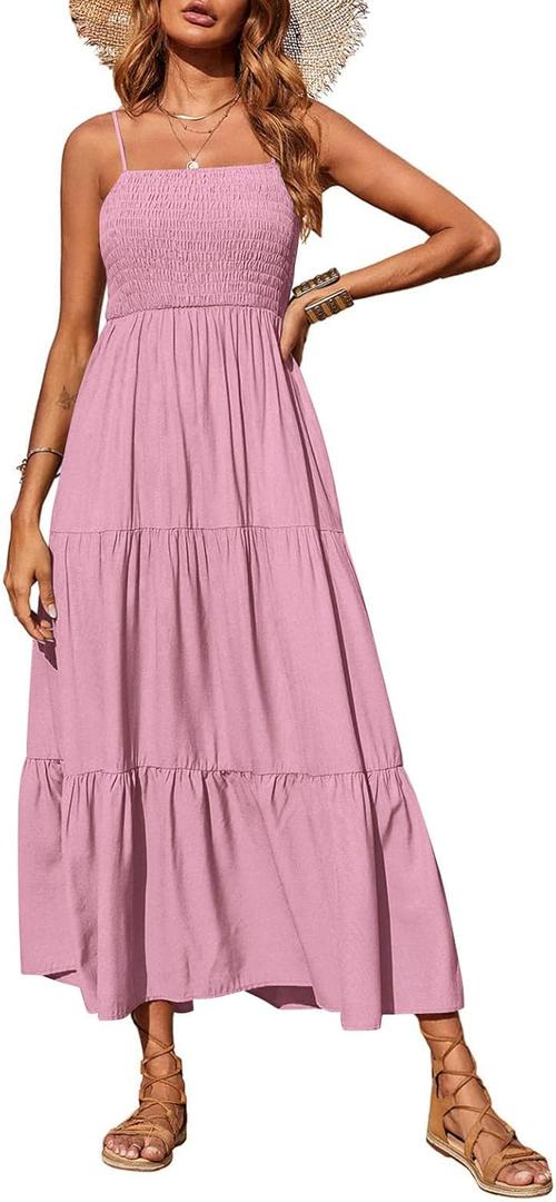 PRETTYGARDEN Women's Summer Maxi Dress 2025 Casual Boho Sleeveless Spaghetti Strap Smocked Tiered Long Beach Sundresses (Pink), S