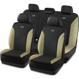 Skechers Car Seat Covers, Work Leather Seat Covers 5-Times Stronger Built-in Webbing,Oxford Fabric Seat Cover Full Sets, Airbag Compatible, Automotive Comfort for Cars,Trucks,SUVs,Beige