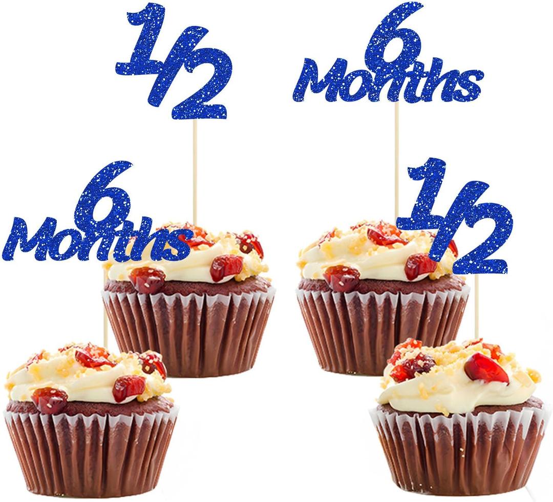 24 Pieces Blue Glitter 6 Months Cupcake Topper, for Celebrating 1/2 Birthday Baby Shower Half Year Birthday Party Decorations Supplies