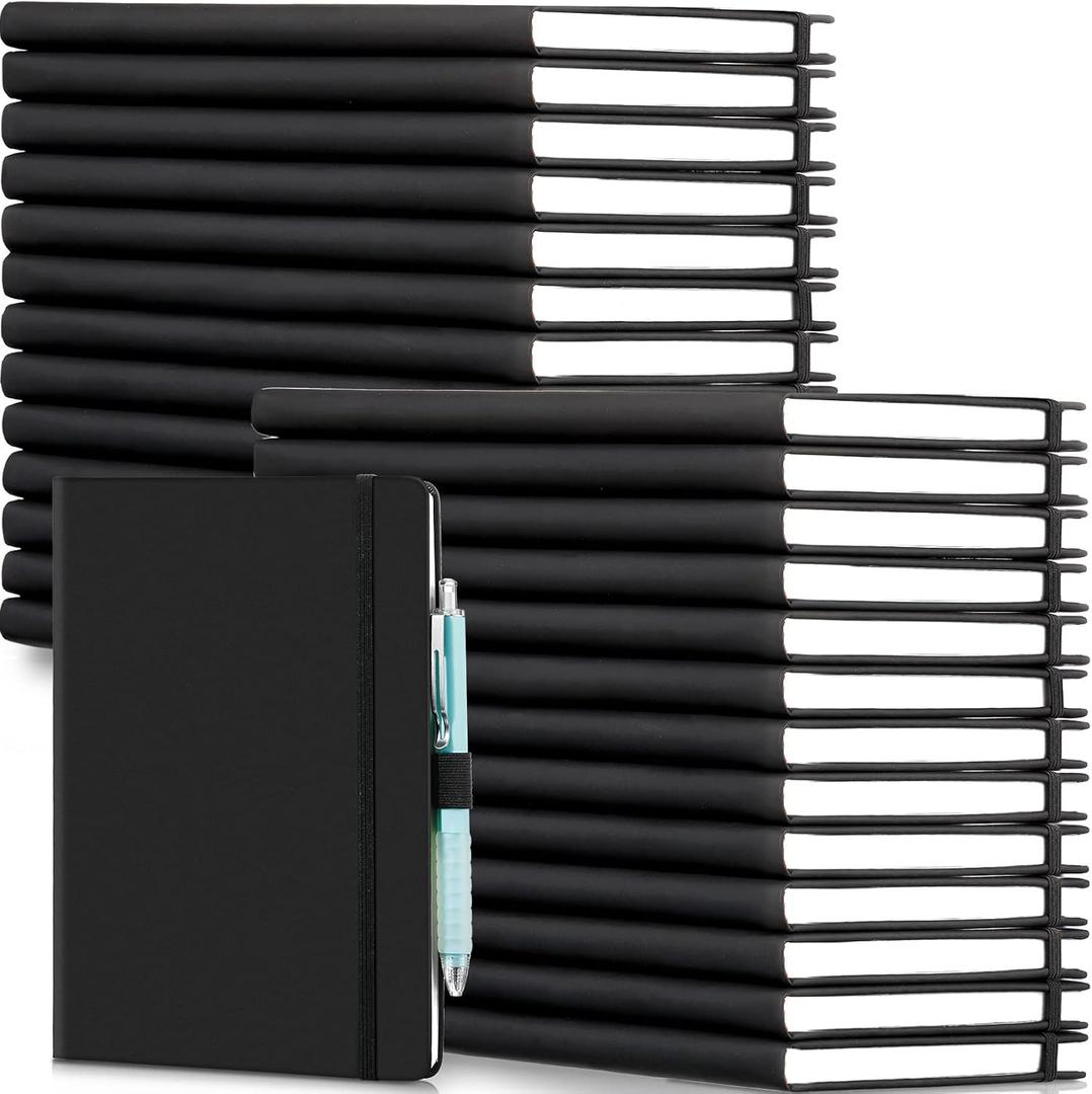 Laumoi 28 Pack PU Leather Lined Notebook Journal Bulk A5 Hardcover Notebook College Ruled 5.5 x 8.2 Inch Journal with Pen Holder for School Business Work Writing(Black,Simple)