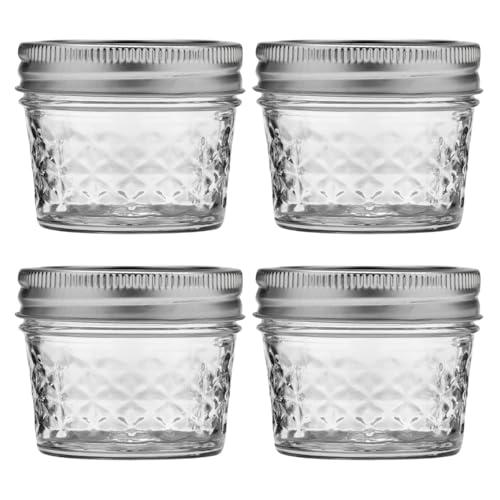 Ball Wide Mouth Quilted Crystal Jelly Jars with Lids and Bands, Used for Canning, Pickling, Juice, Jam, Jelly, Quarter Pint Size (4 Ounce (Pack of 4))
