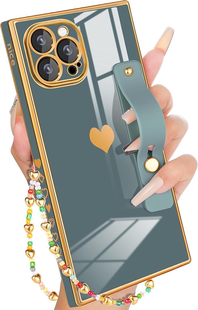 Petitian for iPhone 12 Pro Case Stand/String, Luxury Cute Women Girls Heart Electroplated Designer Phone Cases for 12 Pro, Grey Blue