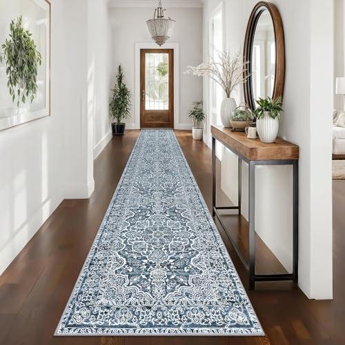 KUTA Vintage Washable Runner Rug 2.6x16, Non-Slip 16ft Extra Long Hallway Kitchen Rugs Blue White, Ultra Soft Printed Distressed Classic Floral Stair Runners Indoor for Bedroom Nursery