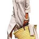 utcoco Womens 2025 Shirt Dress Casual Lapel 3/4 Sleeve Button Down Split Belted Vacation Maxi Dress (Medium, Khaki Striped)