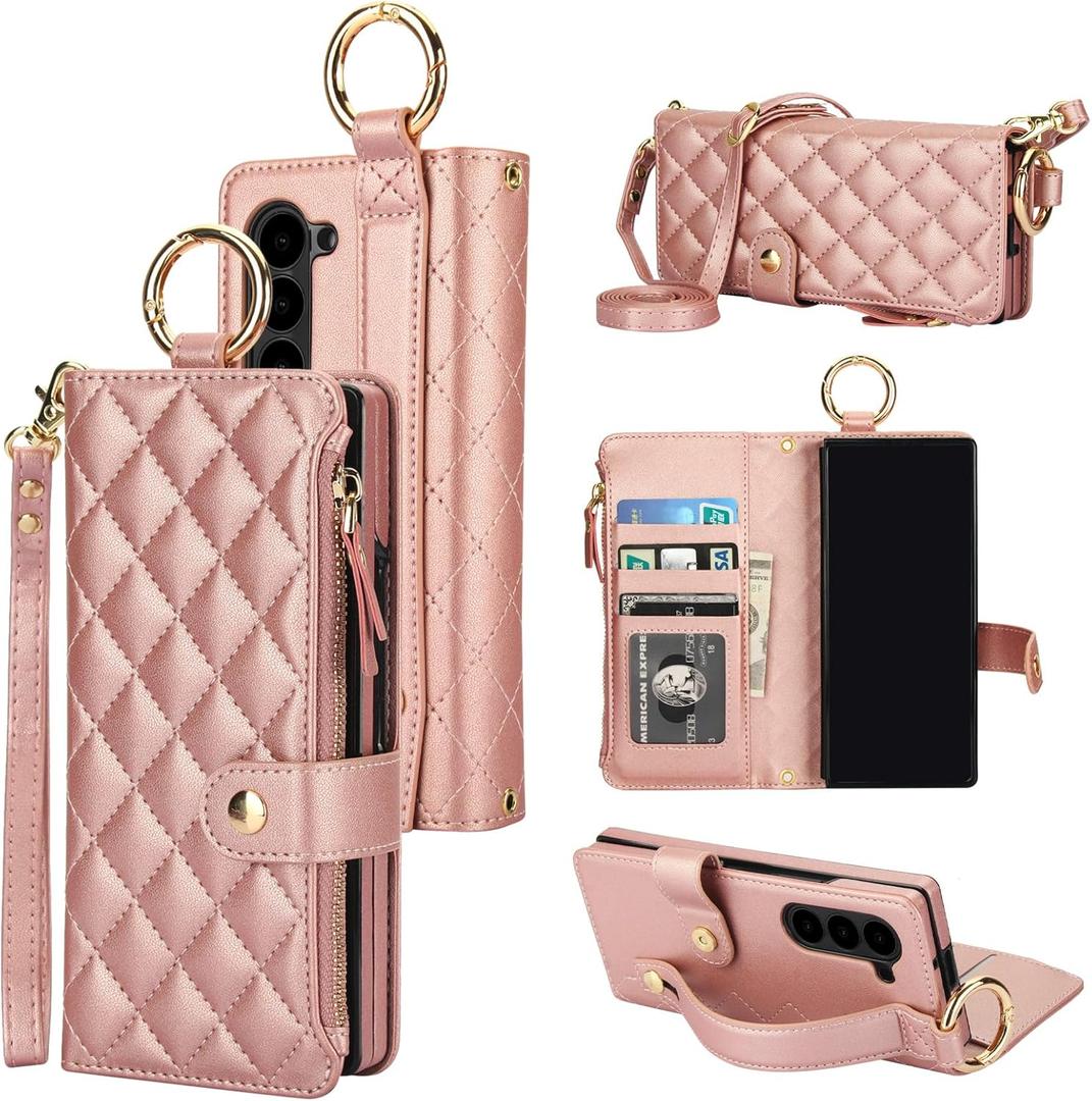 KIHUWEY for Galaxy Z Fold 6 Wallet Case with Card Holder Premium Leather Magnetic RFID Blocking Shockproof Zipper Wrist Strap Lanyard Cover for Samsung Galaxy Z Fold 6 7.6 Inch (Rose Gold)