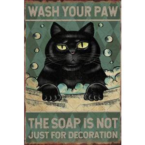 Bathroom Metal Signs Wash Your Paw Vintage Black Cat Wall Decor for Toilet Home Room Funny Retro Tin Plaque 12x8 Inch