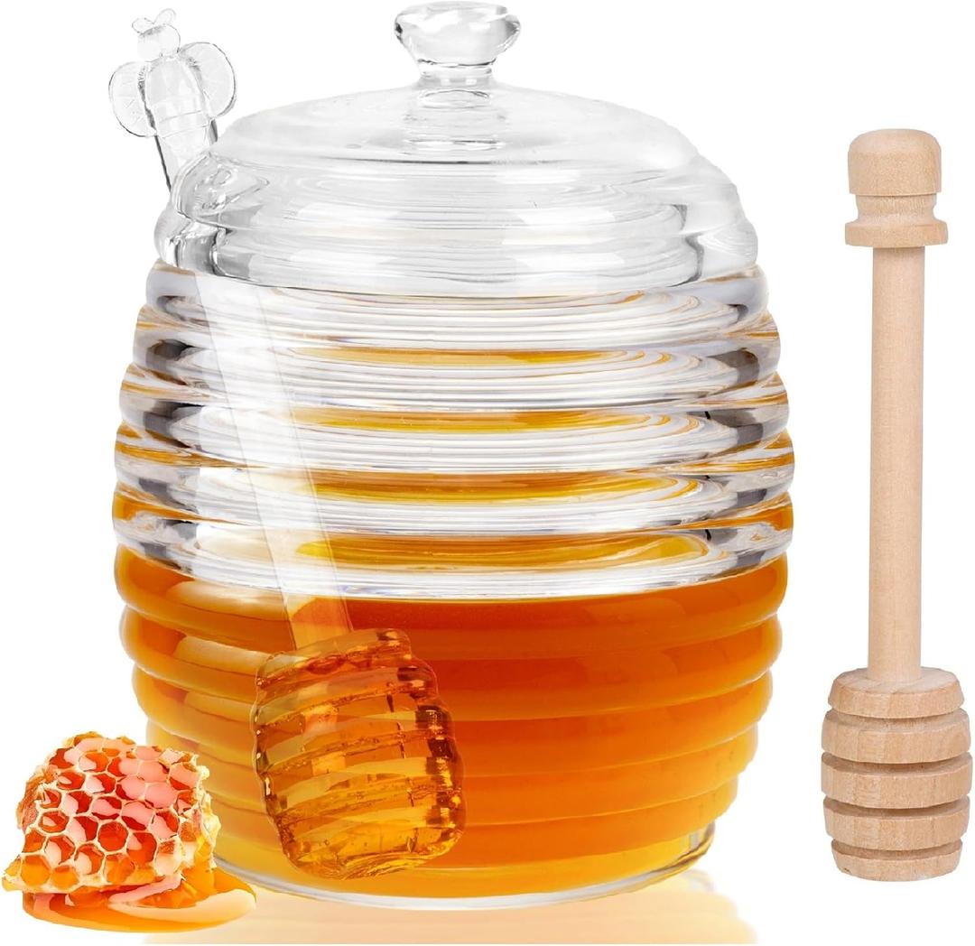 Loscarol Honey Jar with Dipper and Lid, 8 oz Glass Honey Pot Dispenser with 2 Dippers Sticks Set, Honey Containers for Kitchen, Home, Syrup Storage (Transparent)