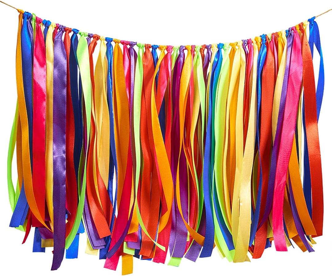 WANDIC Ribbon Tassel Garland, Colorful Fabric Decorative Ribbon Banner Handmade Ribbon Hanging Decoration Backdrop for Weddings, Birthday, Anniversary, Graduation Party Photography Prop