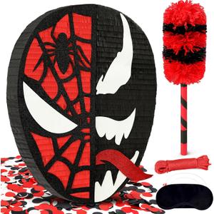 Spider Piata, Funny Venom Tongue Shape Pinata for Boy's Birthday Celebration Decoration Supplies, Includes 24" Bat Stick, Eye Mask, Rope