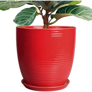 EPFamily Ceramic Pot for Plants 12 Inch - Plant Pot Indoor with Drainage Hole and Saucer Round Large Planter for Outdoor Plants Mid Century Modern Flower Pot for Home Decor Red