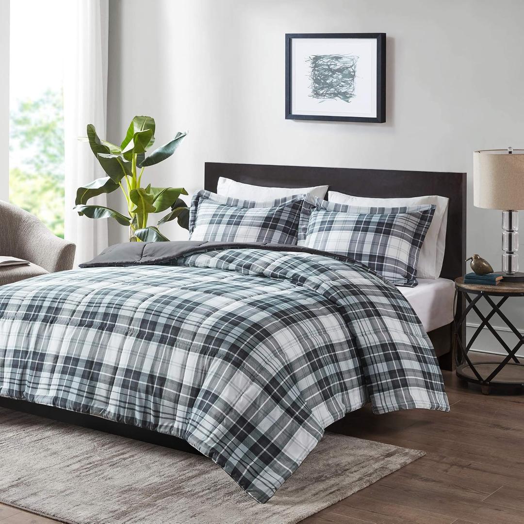 Madison Park Parkston Plaid Full Queen Comforter Set, 3 Piece Black/White