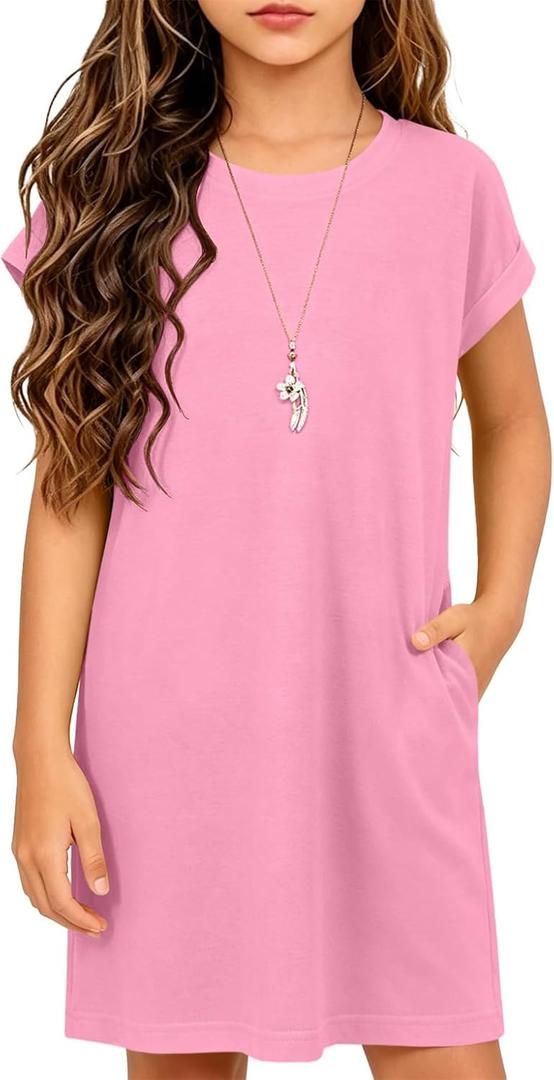 ZDC Girls Cap Sleeve Dresses Kids Spring Summer Casual Basic Crewneck Dress with Pockets 5-14 Years (Pink)