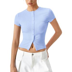 QINSEN Women's Crewneck Short Sleeve T Shirts Ribbed Button Going Out Trendy Tops (Blue, S)