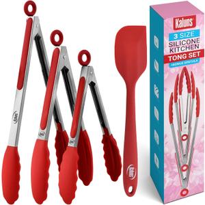Kaluns Kitchen Tongs for Cooking Grilling Set of 4, BBQ Grill Tongs With Silicone Tip Stainless Steel Heat Resistant, Non-stick Pull Lock, Incl 7, 9, 12 Inch Tong Plus a Silicone Spatula (Red)