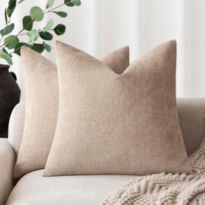 Foindtower Set of 2 Soft Textured Chenille Throw Decorative Pillow Covers Square Accent Solid Cushion Cover Cozy Neutral Farmhouse Pillow Case for Couch Sofa Bedroom Living Room 18x18 Inch,Cream Camel
