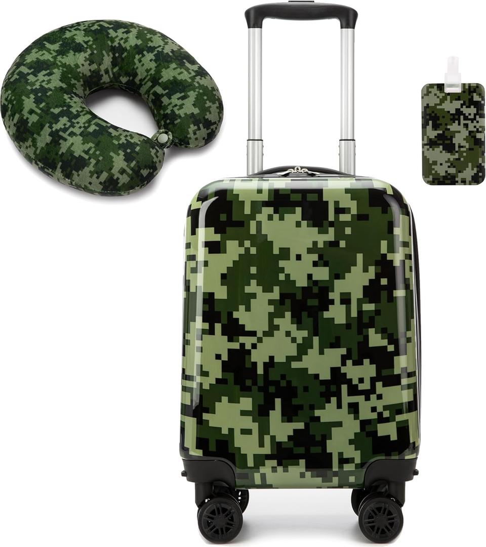 Kid's Luggage Set 2 Piece Suitcase Set 16" Hardside Luggage with Spinner Wheels Girls Carry on Toddler Travel Rolling Suitcase with Neck Pillow Airline Approved (B Green)