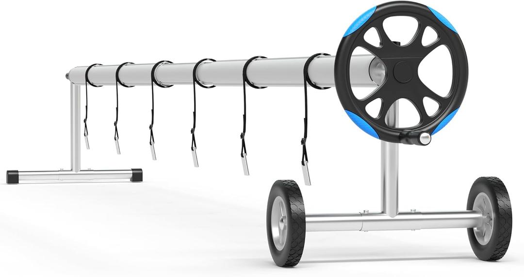 Upgraded Pool Cover Reel - 21 ft Heavy-Duty Aluminum Solar Cover Roller for Inground Pools, Adjustable with Hand Crank & 6 Straps/Clips, Wheels Included - Fits Rectangular/Kidney/Oyster Pools, Blue