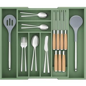Bamboo-Silverware-Drawer-Organizer-Kitchen, Expandable Utensil Holder Cutlery Tray Flatware Organization Adjustable Wood Tableware Dividers Storage (with Removable Knife Block)(Grayish Green) (Large)