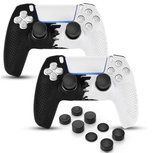 PS5 Controller Skin, Anti-Slip Soft Silicone Protective Cover Case for PlayStation 5 Controller Grip Accessories, 2 Pack with 8 x Thumb Grip Caps (Black Mix White)