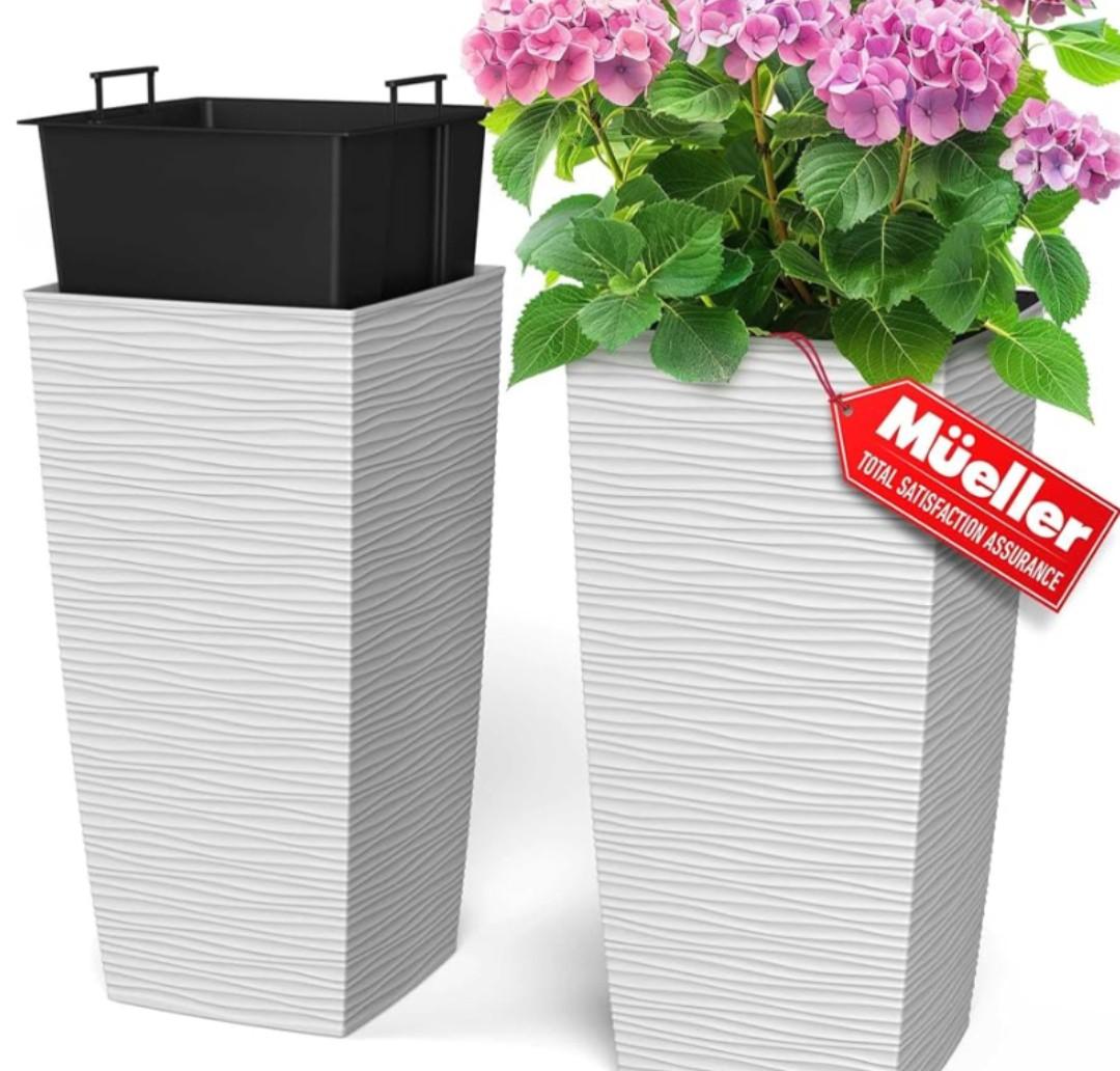 Mueller Janska M-Resin Heavy Duty Tall Planter, Indoor/Outdoor Grande Plant, Tree, Flower Pot, 2-Piece Set, 18”, Modern Design, Built-in Drainage, White