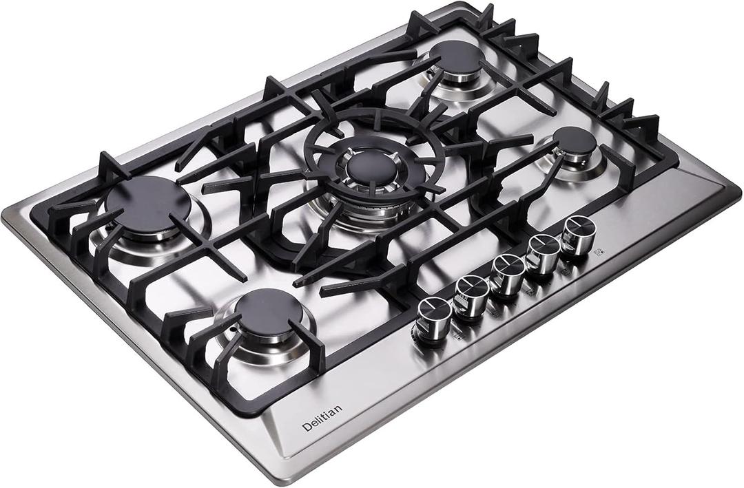 30 Inch Gas Cooktop DT5702 Stainless Steel 5 Burner Gas Cooktop LPG/NG Convertible Gas Stovetop Thermocouple Protection Gas Cooktop