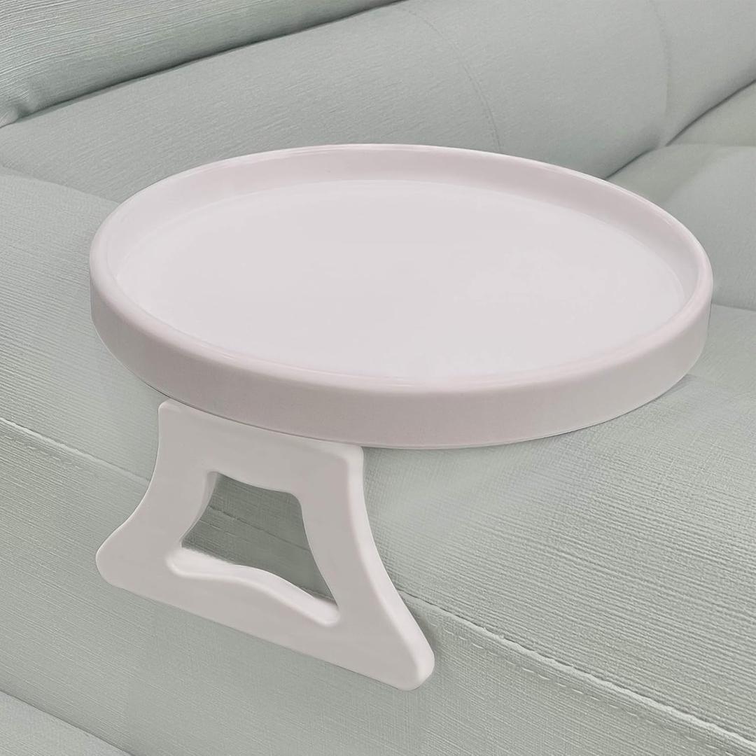 NDL Sofa Armrest Clip Table  No-Slip Couch Tray for Drinks, Snacks, Remote, Gamepads, Adjustable Armchair Table for Living Room, Bedroom, Dorm  Fits Most Armrests (White)