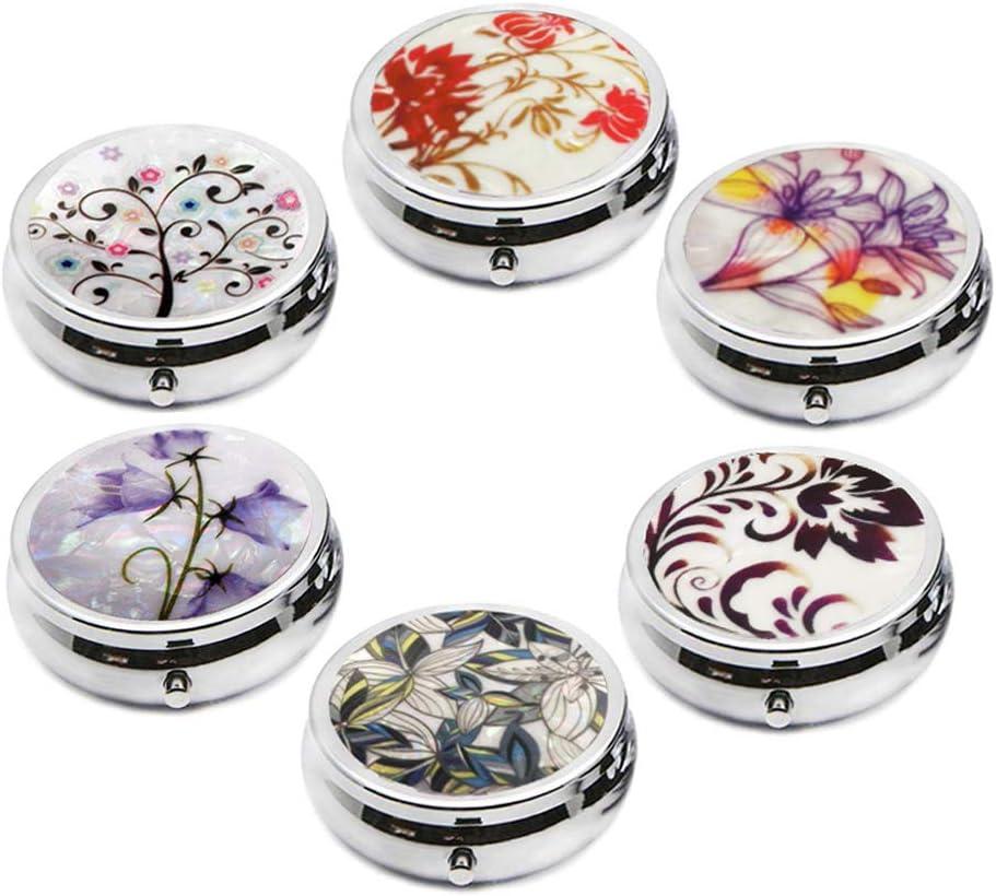 6Pcs Elegant Pill Box Case, CREATIEE-PRO Portable Medicine Tablet Vitamin Holder Organizer with 3 Component for Purse Pocket Travel - Practical & Fashionable(6 Patterns, 1.6Inches)