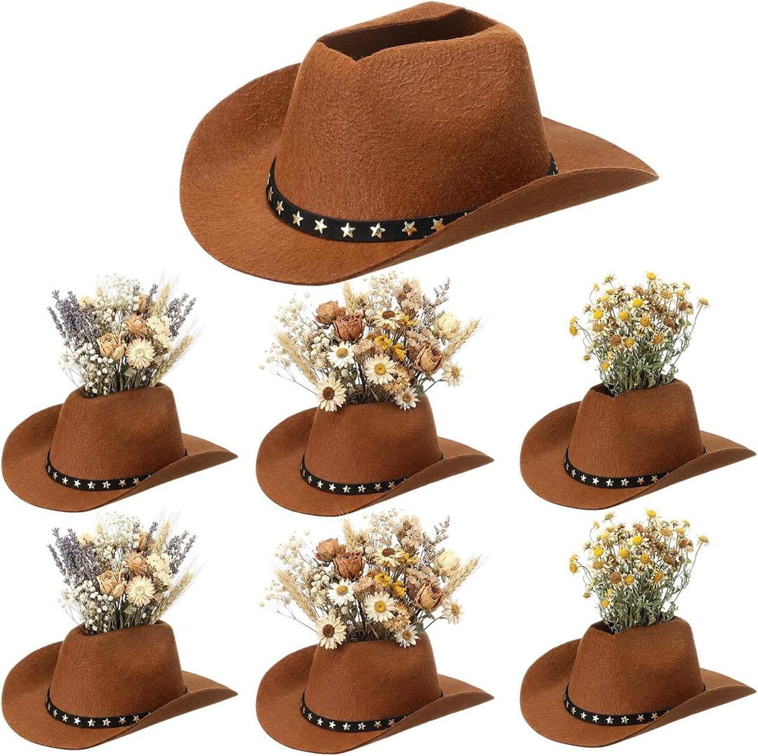 Didaey 6 Pcs Cowboy Hat Flower Vase Western Cowboy Party Table Centerpiece for Artificial Flower Cotton Linen Floral Vase with Top Opening Wedding Baby Shower Birthday Party (Star Belt,Brown)