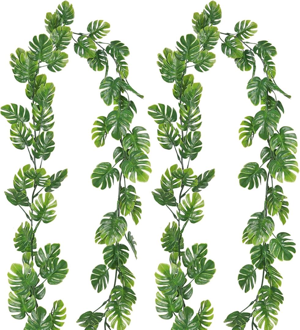 RECUTMS 2Pcs Artificial Monstera Leaf Vines 5.9FT Fake Hanging Plants Ivy Faux Tropical Palm Leaves Greenery Garland for Garden Porch Patio Jungle Luau Beach Birthday Party Indoor Outdoor Spring Dcor