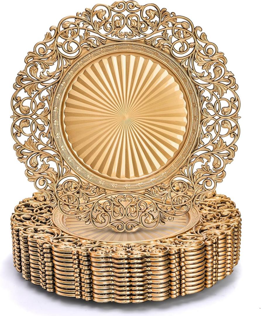 Foraineam Gold Charger Plates Set of 12, 13" Round Plastic Dinner Chargers, Decorative Hollowed Out Flowers Serving Plates for Table Setting, Catering, Wedding, Party, Event