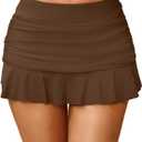 Tempt Me Women Ruched Ruffle Swim Skirt - 2025 Mid Rise Tummy Control Bikini Swimsuit Bathing Suit Skirt Bottom (Large, Brown)