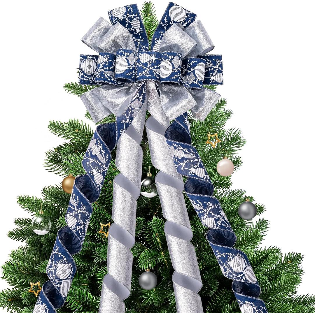 WRAPAHOLIC Large Christmas Tree Topper Bow - 13 x 52 Inch Blue and Silver Ornament Christmas Tree Topper Ribbon Bow Wreath Bows with Wired Edge for Xmas Ornament Indoor Outdoor Decoration
