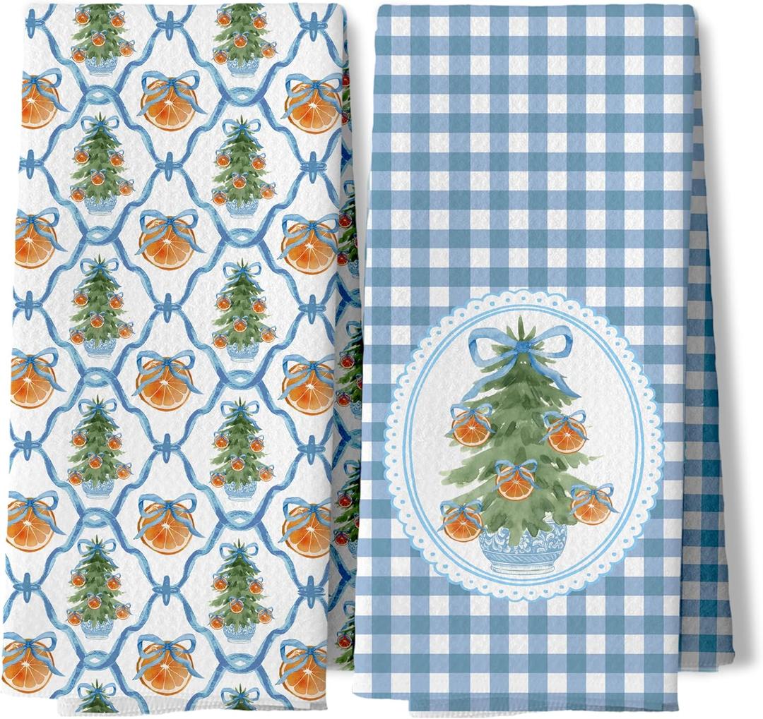 Blue and White Chinoiserie Christmas Tree Bow Kitchen Towels 16x24 Inch Set of 2, Grandmillennial Christmas Dish Towels for Kitchen, Coquette Bow Wreath Decorative Hand Tea Towel for Bathroom