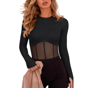 REORIA Women's Trendy Sexy Crew Neck Thumbholes Long Sleeve Sheer Mesh Going Out Bodysuit Tops M