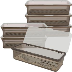 6 Pcs Flatware Tray with Lid Large Plastic Drainer Silverware Utensil Clear Drawer Organizer Cutlery Storage Container Box Dinnerware Holder with Cover for Home Kitchen Travel