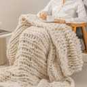 bearberry Chunky Knit Handmade Throw Blanket 50x60in Jumbo Chenille Beige