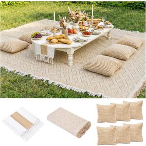 Extra Large Outdoor Boho Picnic Blanket with Table Runner and 6 Throw Pillows Covers for Outdoor Essentials Beach Accessories Garden Party Decoration Patio Park Lawn Grass Ground Festival Mat Beige XL