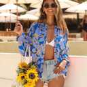 Astylish Womens 2026 Boho Floral Loose Spring Summer Tops Lantern Sleeve Flowy Blouses V Neck Button Down Shirts (M)