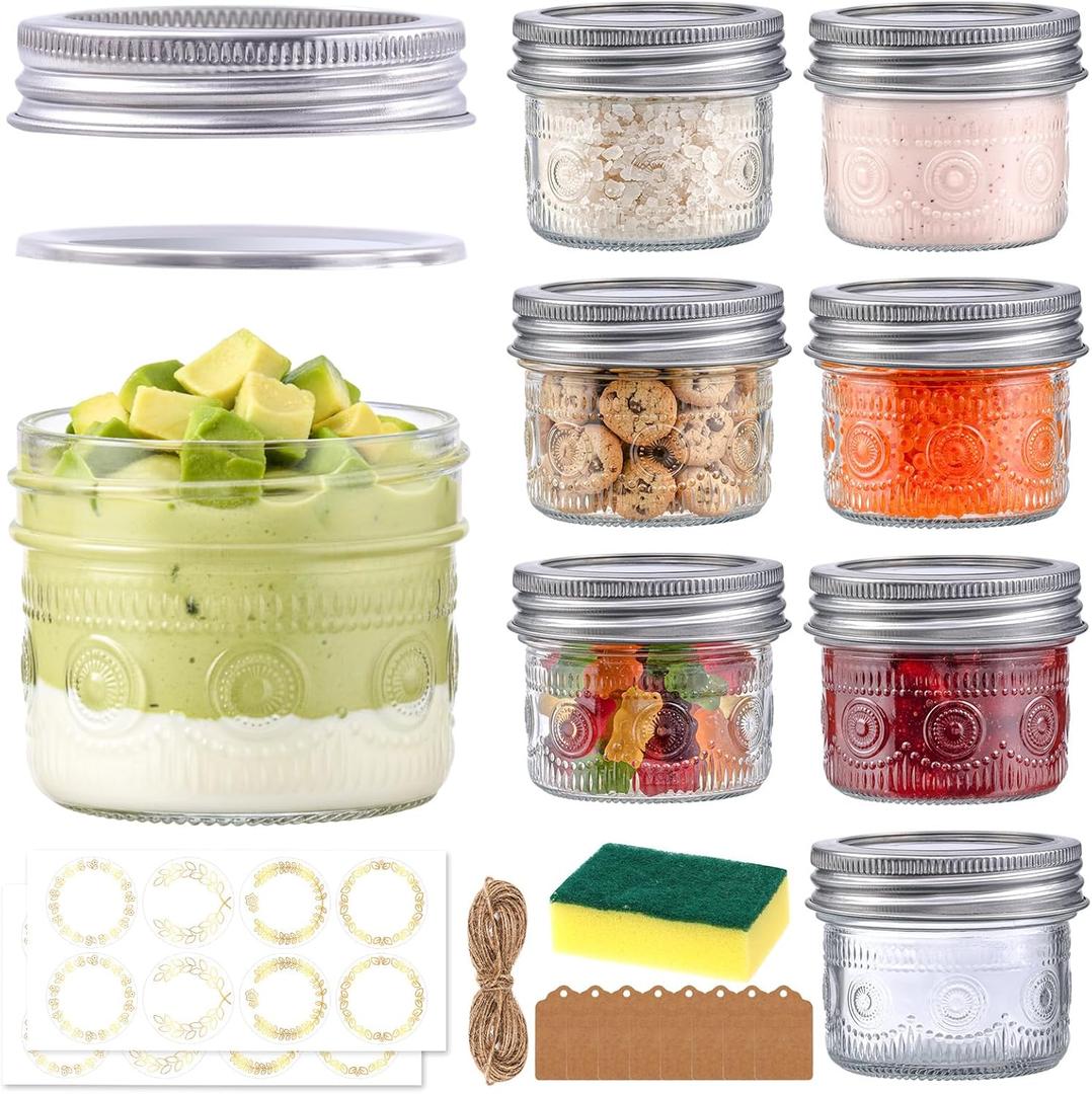 4 oz Glass Mason Jars with 18/8 Stainless Steel Lids, 8-Pack Small Canning Jars with Embossed Pattern, Mini Glass jars for Jams, Jelly, Honey, Spices, Desserts, Wedding Favors and Gift Packaging