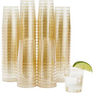 Juvale 100 Pack Gold Glitter Plastic Shot Glasses - 2oz Shot Glass for Weddings, Birthday Parties