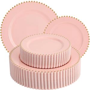EI 60pcs Pink Plastic Plates with Gold Rim,Pink Party Plates Disposable,Heavy Duty Dinner/Dessert Fancy Elegant Plate for Wedding,Birthday,Afternoon Tea