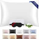 100% Mulberry Silk Pillowcase 22 Momme (SGS Certified) with Free Silk Eye Mask - Luxury Gift-Ready Folded Packaging, Cooling Pillow Cover for Hair & Skin Care (White, Standard (1 Pack))